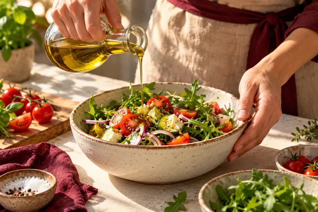 Des mains préparent une salade fraîche dans une cuisine ensoleillée